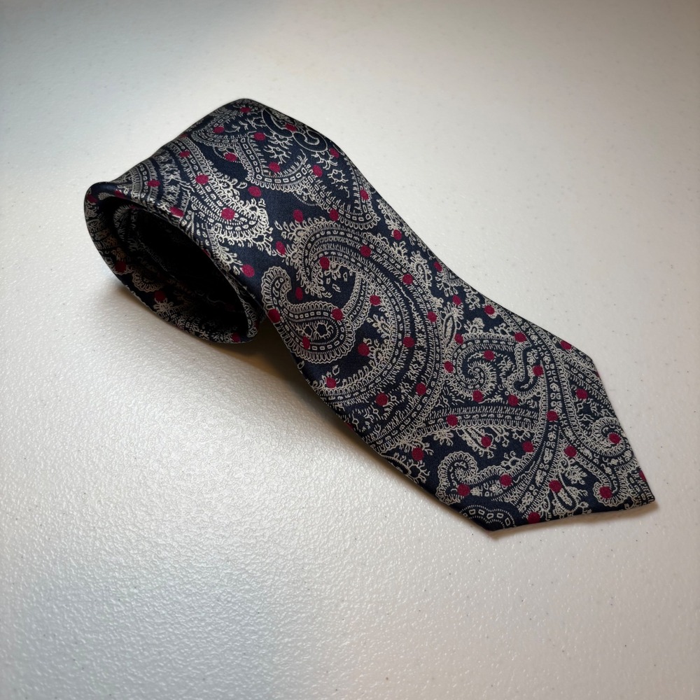 Gianfranco Ferre Mens Silk Tie Navy Blue Red Paisley Polka Dot Made in Italy
